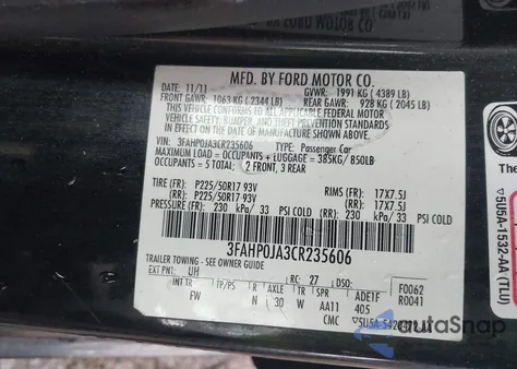 2012 Ford Fusion Sel z USA, uszkodzony, nr VIN 3FAHP0JA3CR235606